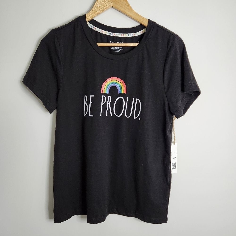 Rae Dunn "BE PROUD" Rainbow Graphic T-Shirt Black Short Sleeve Pride Women's L